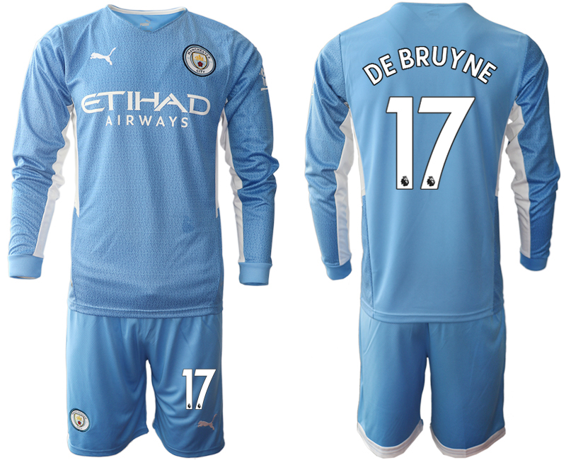 Men 2021-2022 Club Manchester city home Light blue Long Sleeve #17 Soccer Jersey->manchester city jersey->Soccer Club Jersey